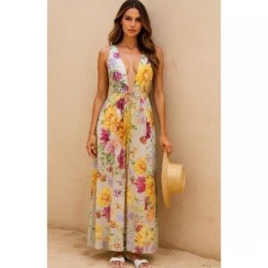 Beige Linen H&M Maxi Dress with colorful Floral Design and Deep V detail size M